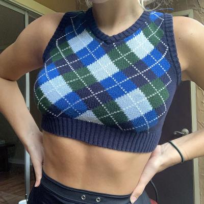 China Sweaters Anti Shrink Plaid Patched Knitwear Sleeveless V-Neck Knitted Tank Style Top Preppy Sweaters Crop Top Autumn Women for sale