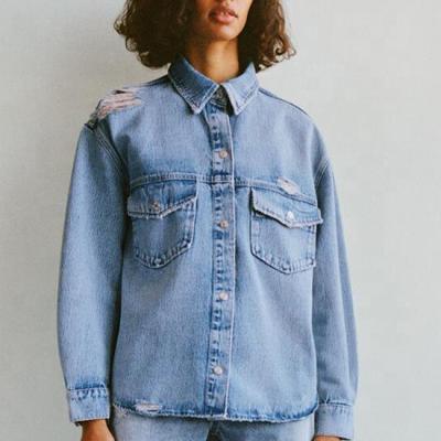 China 2022 Fashion Women's Breathable Denim Coat Women's Denim Mid Length Loose Ripped Outdoor Jacket for sale