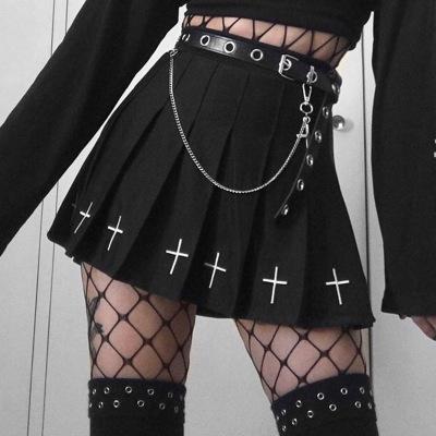 China Plus Size High Waist Mini Black Skirts Gothic Streetwear Cross Print Pleated Women Skirts Casual College Lolita Harajuku Skirt for sale