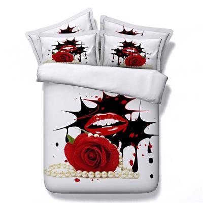 China 2021 Nondisposable bedding set 4 pcs,JF324,roses and red lips,duvet cover set,retail,3D printed,duvet cover,flat sheet,pillowcases for sale