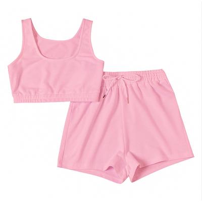 China Anti-Wrinkle Loungewear Solid Color Sleeveless Crop Top And Two Piece Jogger Shorts Sets Women Summer Set 2 Pieces for sale