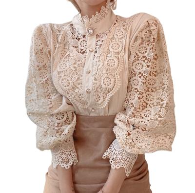 China New Nice Price Soft Type Long Sleeve Button Up Loose Hollow Off Fashion Embroidery Women Tops for sale