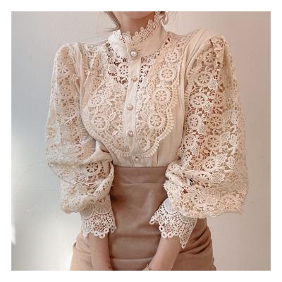 China Quality Appropriate Prices Soft Guaranteed Hollow Long Sleeve Luxury Loose Button Up Women Tops for sale