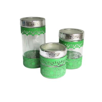 China Cover Plastic Lid Food Grade Jar Glass Canister For Sugar Tea Chest Cookies Storage for sale