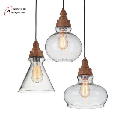 China Modern Contemporary Simple Industrial Hand Blown Glass Clear Color Pendant Light Wood Bell Glass for sale