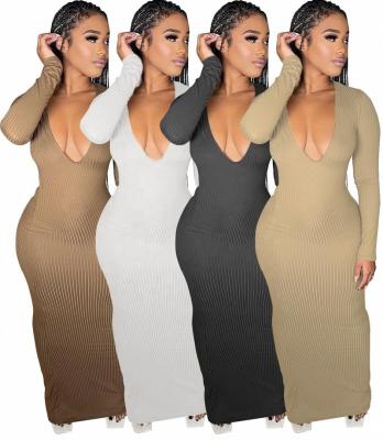 China Bodycon Ladies Deep V Neck Breathable Casual Dress Long Sleeve Ribbed Women Clothes Club Outfits Elegant Women Bodycon Maxi Dresses for sale