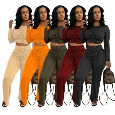 China Winter Breathable Women Solid Trouser Pants Two Piece Pants Set Crop Tops Elastic O Neck Ruched Wide Leg Pants Women Casual Two Piece Sets for sale