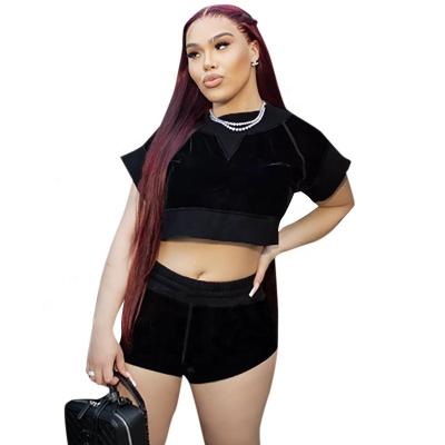 China 2022 New Arrival QUICK DRY Autumn Women's Sets Spliced ​​Black Round Neck Crop Top Shorts Sweat Suit Outfits Casual Two Piece Set for sale