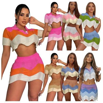 China Breathable Summer Sweater Shorts Set Knit Color Blocking Two Piece Set Crop Top Mini Skirt Outfit Party Casual Women Set for sale