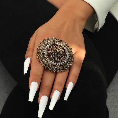 China Vintage New Retro Ring Round Hollow Diamond Ring Exaggerated Ethnic for sale