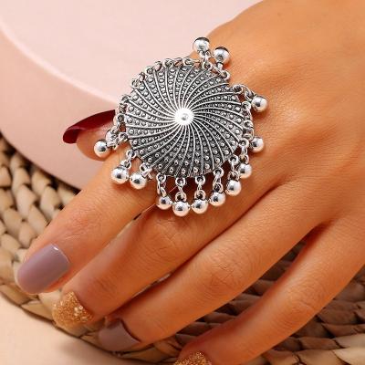 China Vintage Tibetan Silver Color Rings For Women Bohemia Ring Adjustable Party Festival Jewelry Big Round Wedding Band for sale