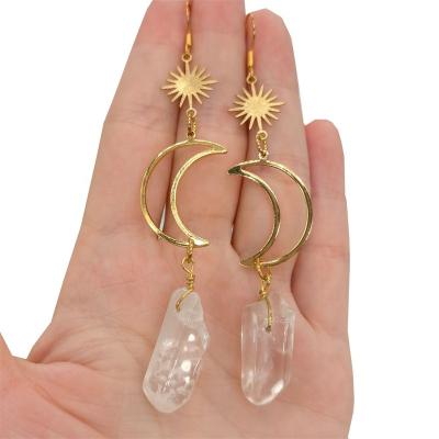 China Handmade Elegant Charm Crescent Moon Earrings Wire Wrapped with Raw Clear Quartz Crystal Handmade Dangle Earrings for sale