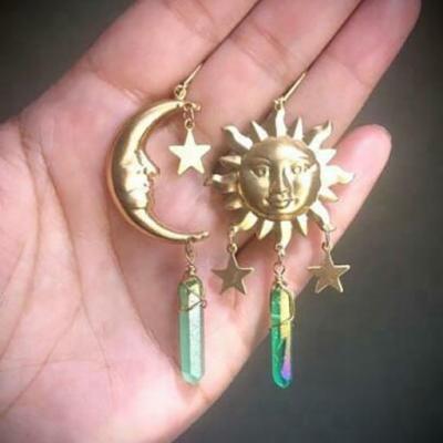 China FASHIONABLE Raw Quartz Crystal Crescent Moon Earrings with Sun Moon and Star Charms Celestial Earrings for sale