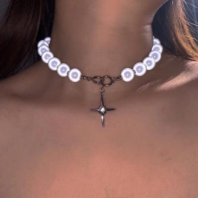 China Jewelry 2021 fashion candy party cross pendants choker choker necklace Korea design unique luminous pearl bead pendant necklace for sale