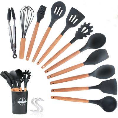 China 2021 Top Selling Silicone Kitchen Tableware 12pcs Viable Home Kitchen Utensils Set With Wooden Handle for sale