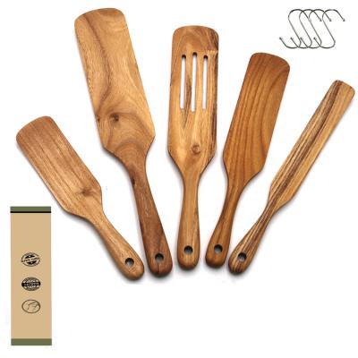 China Sustainable wooden spurtle rack set teak acacia wood teak kitchen wooden spurtles woden spatula for sale