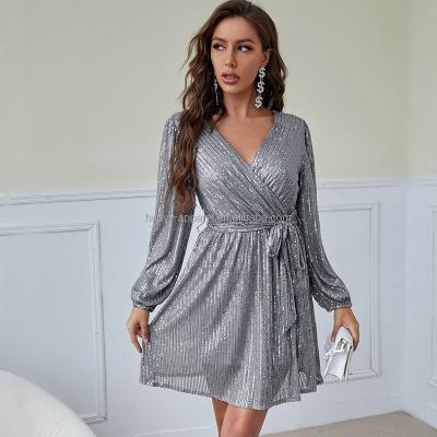 China Silver Long Sun Lines One Sleeve High Quality Shiny Elegant Sequined Mini Casual Women Dress for sale