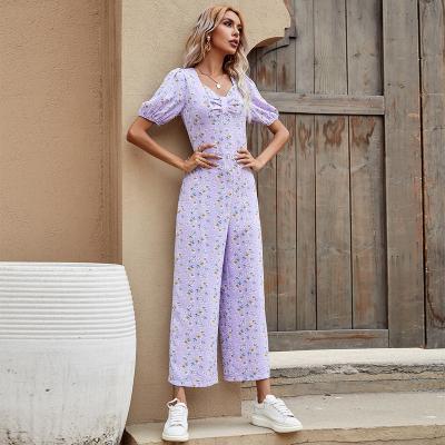 China Summer Breathable QUICK DRY Floral Print Chiffon Puff Sleeve Wide Leg Jumpsuit Overalls Women Summer for sale