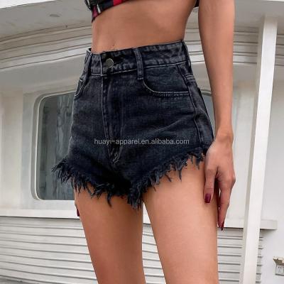 China Anti-wrinkle Vintage Black Denim Fringed Women Mini Leg Jeans Shorts Hot Summer for sale