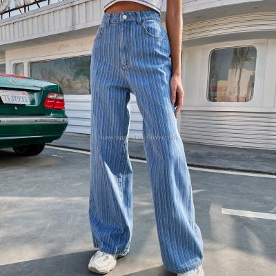 China Plus Size Breathable Custom Womens Striped Wide Leg Blue Jeans Pants And Trousers for sale