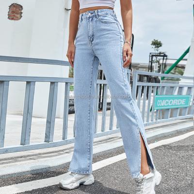 China Breathable Light Blue Denim Side Slit Straight Women Jeans Stacked Trouser Pants for sale