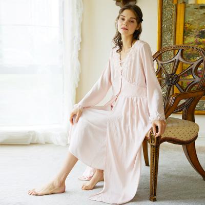 China Breathable Pink Lace Ruffle Cotton Allure Women Sleepwear Lounge Use 2 Piece Nightgown Long Robe Set Outfit for sale