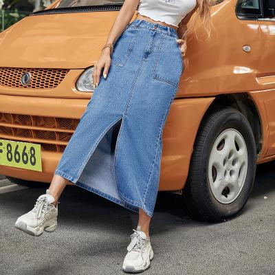 China Vintage Anti-Static Casual Blue Denim Straight Women's Midi Split Lattice Long Skirts Summer for sale