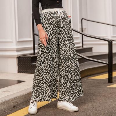 China Anti-Wrinkle Plus Size Leopard Jacquard Elastic Waist Women Loose Wide Leg Knit Long Trousers Pants for sale