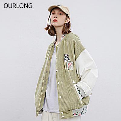 China OURLONG Anti-Wrinkle Plus Size Vintage Corduroy Floral Embroidery Womens College Wool Oversized Bomber Jacket for sale