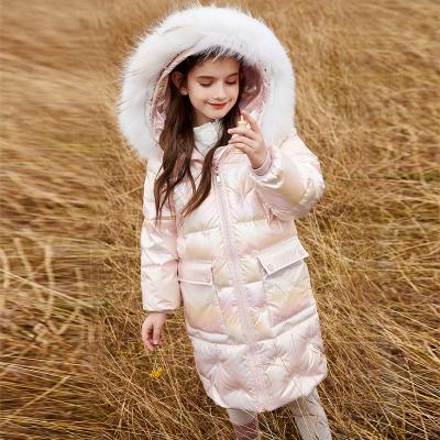 China Anti-wrinkle Girl Kids Stripper White Duck Down Quilted Bubble Coats Long Jacket Winter With Fur Collar for sale