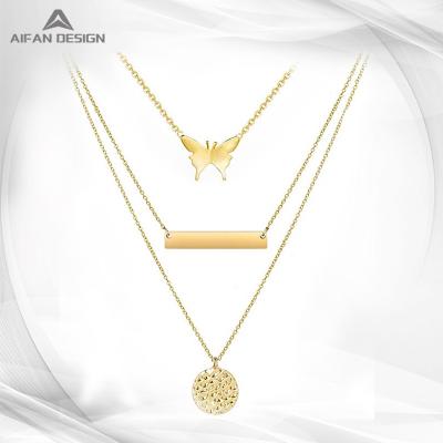 China TRENDY Three-Layer Necklace 14K Gold Plated Butterfly Disc Necklace Jewelry Suitable For Girls for sale