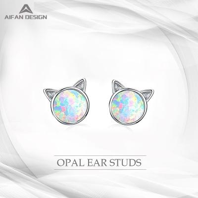 China Cute Opal Stud Earrings 14K White Gold Plated Cat Ear Small Cute Earrings For Women Girls for sale