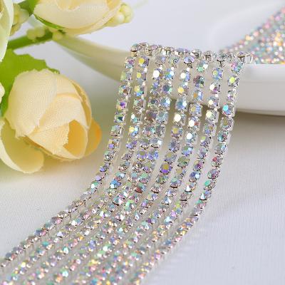 China Flatback Hot Selling Crystal Silver Bottom Rhinestone Close Claw Chain Trim Sewing Craft 2mm-3mm Silver Color AB Cup Chain For Jewelry for sale