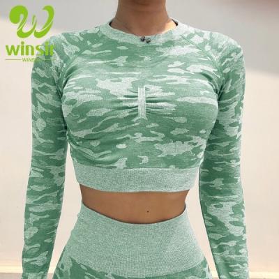 China Wholesales Antibacterial Long Sleeve Seamless Knit Camouflage Yoga Sports Fitness Workout Gym Tee Sport Crop Top Shirt With Thumb Hole for sale