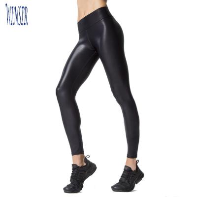 China High Waisted Yoga Leggings Ladies Faux Leather Elegant Sexy Metallic Black PU Antibacterial Stretch Tights Full Length Pants For Women for sale