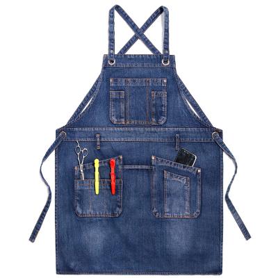 China Korean Men Women Work Clothes Barber Nail Denim Apron Fashion Bartender Milk Tea Shop Baking Art Custom Printing Tactical Chef Apron for sale