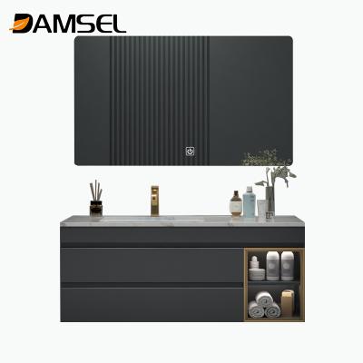 China Solid Durable Customized Luxury Black Marble Bathroom Vanity Cabinet With Led Smart Mirror for sale