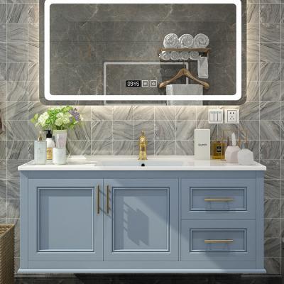 China Modern Blue Modern Wall Hung Solid Wood Vanity Combo With Vessel Sink And Smart LED Mirror for sale