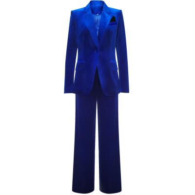 China Viable Velvet 2 Pieces Pant Suit Winter Sets For Women Blue Blazer Wide-Leg Trousers Royal Quality Outfits for sale