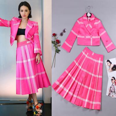 China Good quality elegant viable stylish short blazer pleated long skirt soft pink plaid printing fashion women skirt set satin outfits for sale