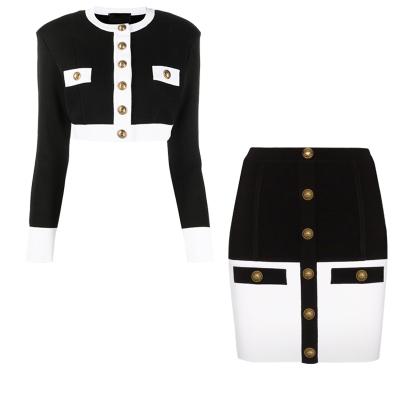 China European Breathable High Quality Black And White Sweater Color Contrast Women's Mini Skirt Knitting Skirt Sets Slim Suits Shorts for sale