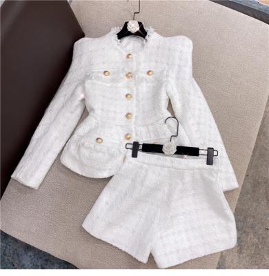 China Selling 2 Pieces Tweed Design Women's Skirt Suits American Hot Chic White Shorts Jacket Viable Good Quality Elegant Sets for sale