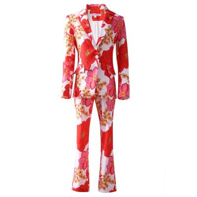 China 2021 Two Pieces Workable Pants Set Luxury Quality High Street Outfit Spring Floral Printing Autumn Tailored Women Blazer And Pant Suits for sale