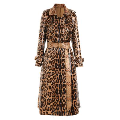 China Anti-wrinkle quality autumn winter high street style luxury leopard printing pu leather long trench coat for women for sale