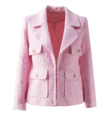 China New Winter Anti-wrinkle warm thick fabric notched luxurious soft tweed women jackets wool blend casual outerwear coat pink for sale