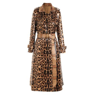 China Anti-Wrinkle Made In China Fashion Luxury Women's Autumn And Winter High Street Style Leopard Print PU Leather Trench Coat Long for sale