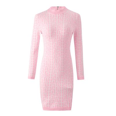 China Elegant Anti-wrinkle Pink Knitted Dresses Women Lady for sale