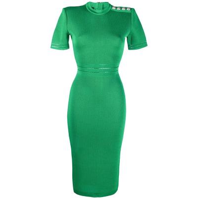 China Emerald Green Unique Zipper Designing European Anti-Static On Back Sheath Knee Length Women Knit Dress With Epaulets for sale