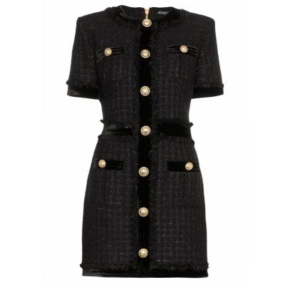 China Lady Short Sleeve Buttons Bling Bling Black Tweed Stylish Thick Sheath Anti-static Luxurious Designing Casual Women Dress for sale