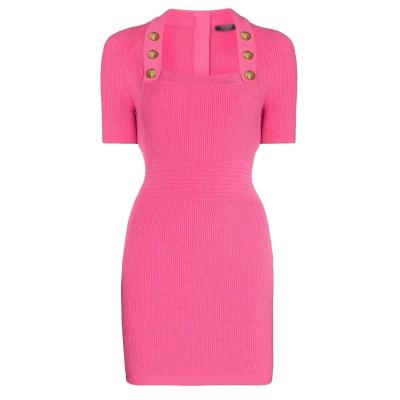 China Madame Clothing Summer Pink Knitted Cheap Dress Women Short Sleeve Collar Anti-Static Slim Quality Square Sleeve Dresses for sale